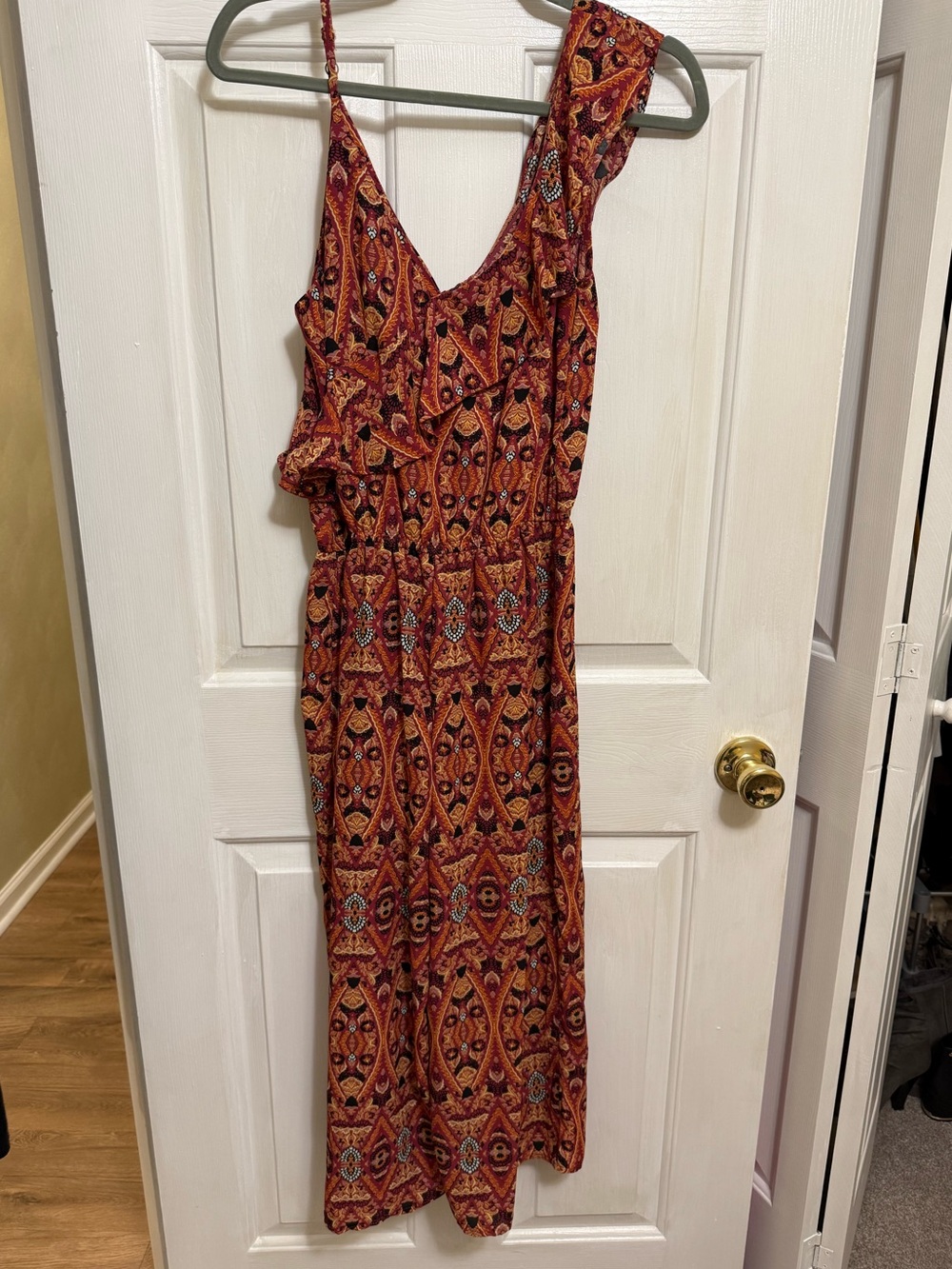 Women's Rust Orange Print Maxi Dress with Ruffle Strap